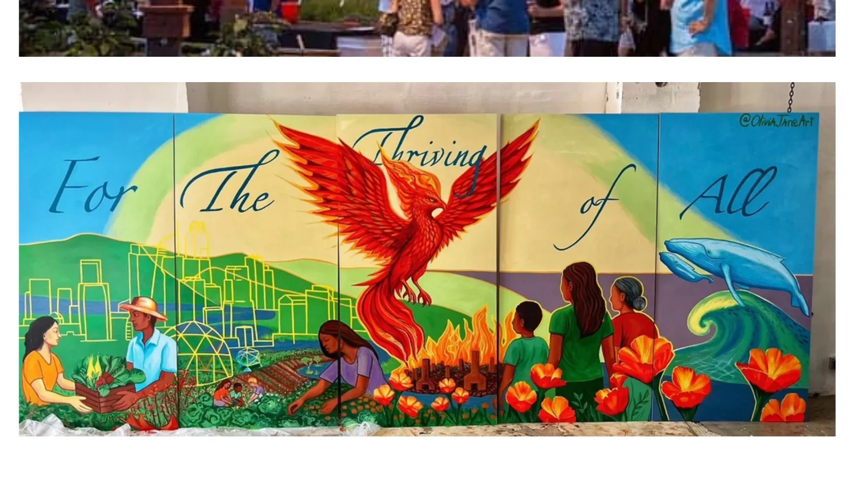 'For The Thriving of All' mural — a phoenix rising above the LA skyline with community figures
